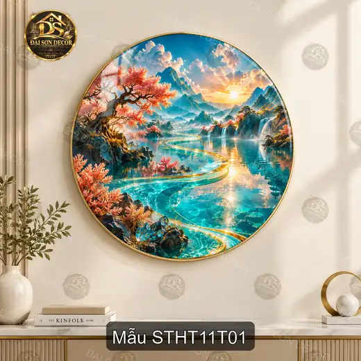 Tranh tròn tráng gương Sơn thủy hữu tình 011 phong cảnh núi hồ sang trọng