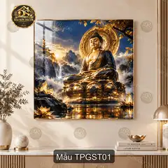 Tranh tráng gương tượng Phật giữa sơn thủy trang trí phòng khách sang trọng