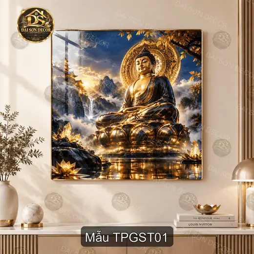 Tranh tráng gương tượng Phật giữa sơn thủy trang trí phòng khách sang trọng