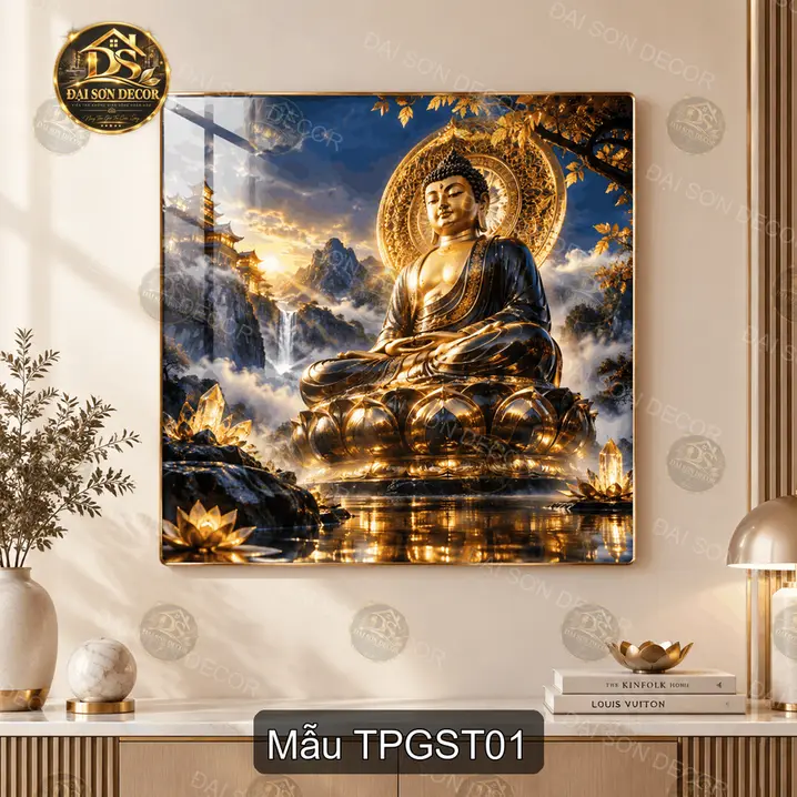 Tranh tráng gương tượng Phật giữa sơn thủy trang trí phòng khách sang trọng