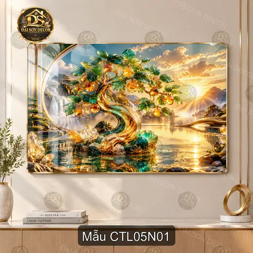 Tranh tráng gương Cây tài lộc 005 phong cảnh bình minh nghệ thuật decor phòng khách