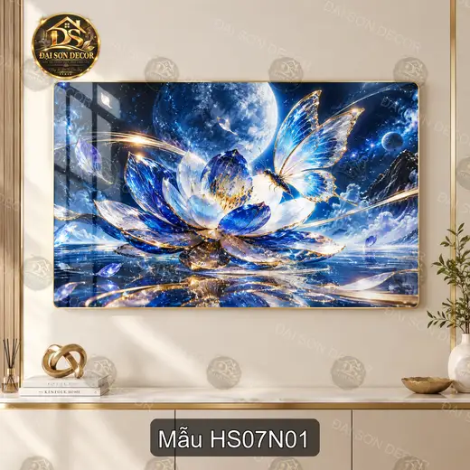 Tranh tráng gương Hoa sen 007 xanh lam bướm nguyệt cảnh nghệ thuật decor phòng khách
