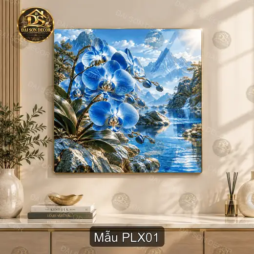 Tranh phong lan xanh treo tường phong cảnh núi hồ trang trí phòng khách
