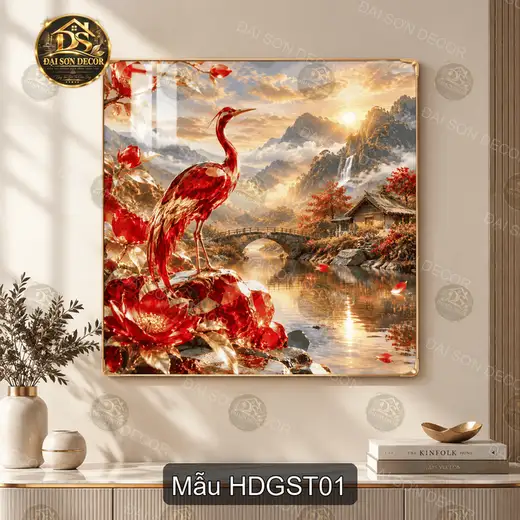 Tranh tráng gương vuông Hạc đỏ giữa sơn thủy decor phòng khách phòng làm việc