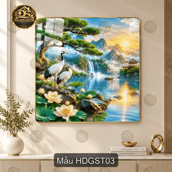 Tranh tráng gương vuông Hạc đỏ giữa sơn thủy decor phòng khách phòng làm việc