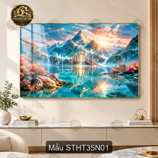 Tranh tráng gương Sơn thủy hữu tình 035 núi hồ hươu decor phòng khách hiện đại