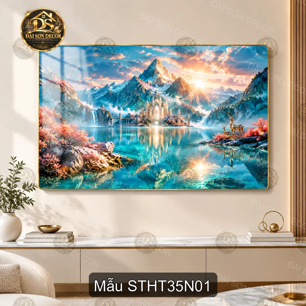 Tranh tráng gương Sơn thủy hữu tình 035 núi hồ hươu decor phòng khách hiện đại