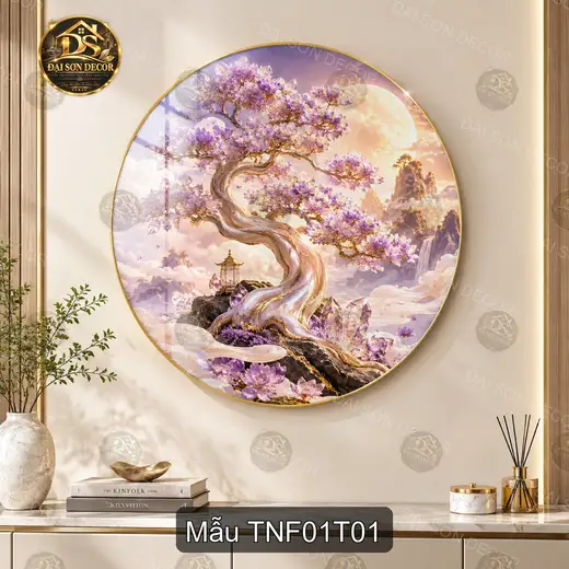 Tranh tròn tráng gương Thiên nhiên fantasy cây hoa tím decor tường phòng khách quà tặng