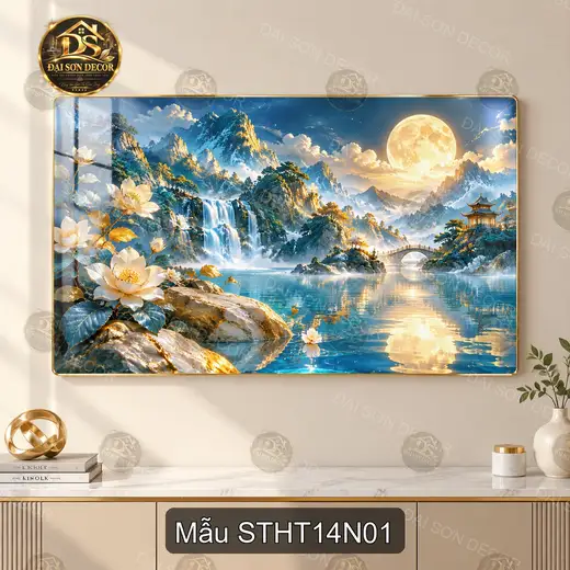 Tranh sơn thủy hữu tình 014 tráng gương cao cấp ngang decor phòng khách sang trọng