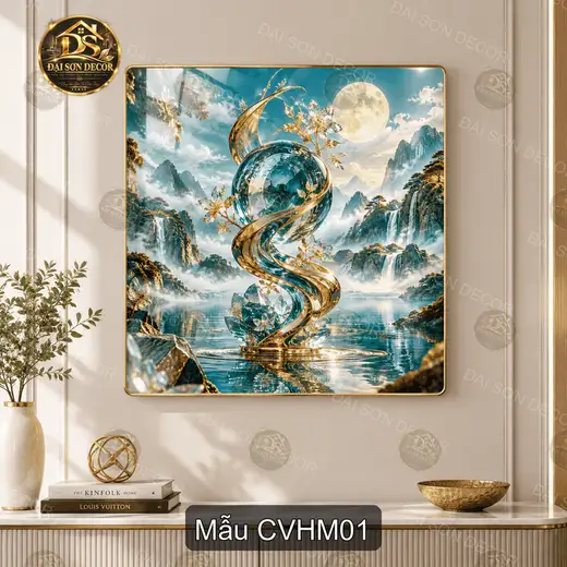 Tranh tráng gương Cầu Vàng Hoa Mai phong cảnh núi non decor phòng khách cao cấp