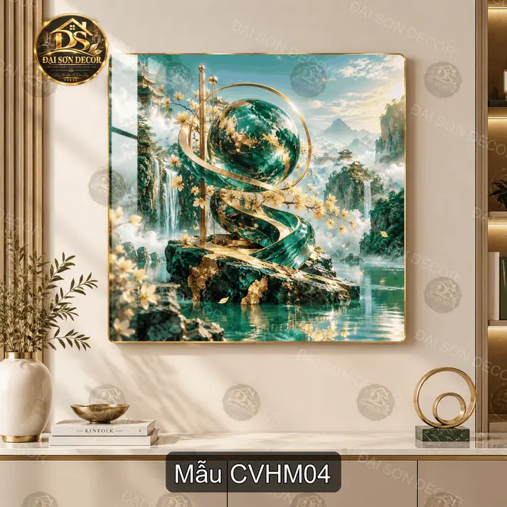 Tranh tráng gương Cầu Vàng Hoa Mai phong cảnh núi non decor phòng khách cao cấp