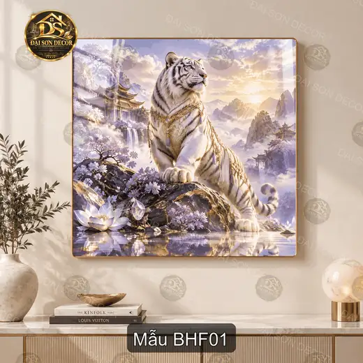 Tranh tráng gương vuông Bạch hổ fantasy treo tường decor phòng khách phong cách huyền ảo