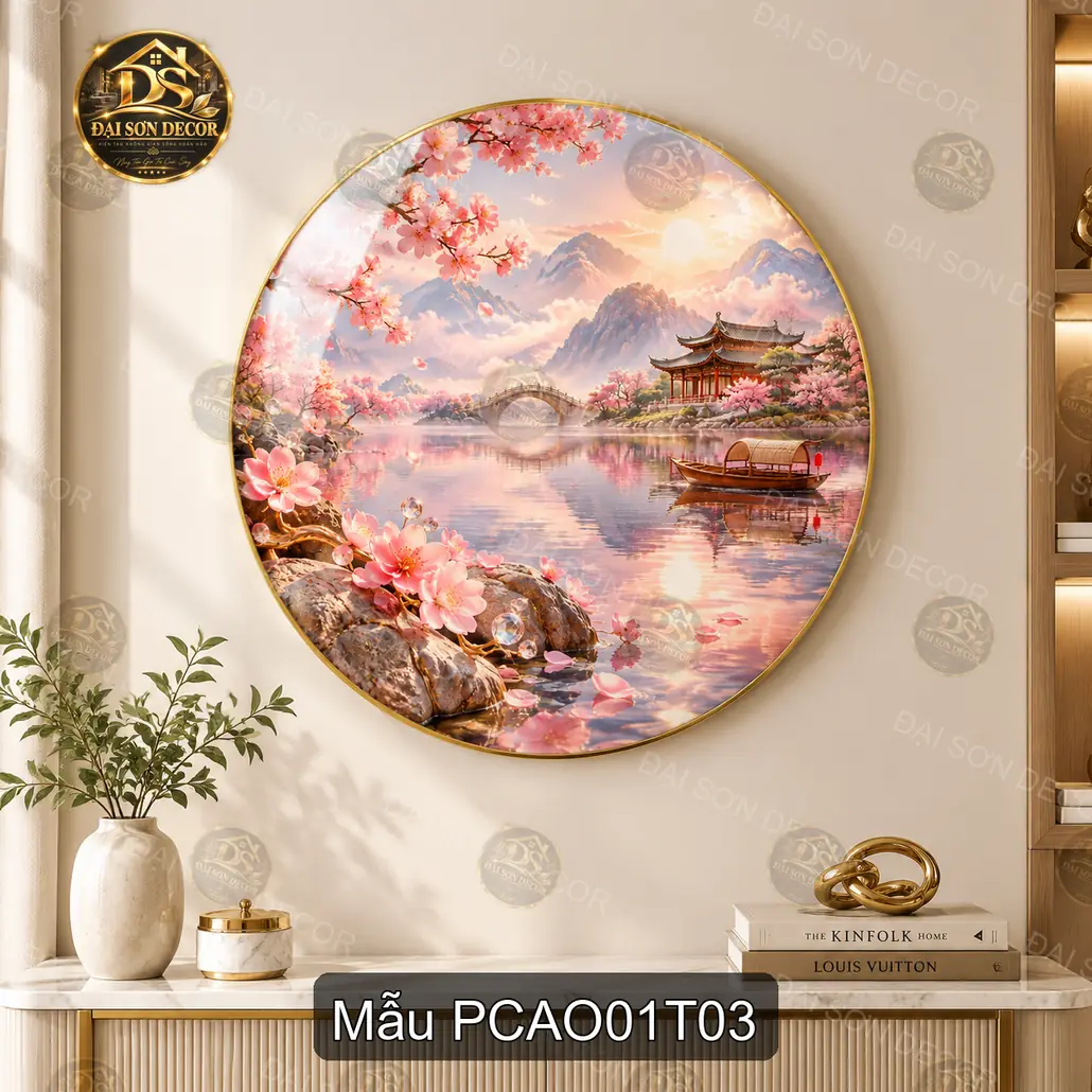 Tranh tròn tráng gương phong cảnh Á Đông 001 sang trọng decor phòng khách