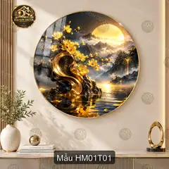 Tranh tròn tráng gương Hoa mai 001 phong cảnh núi non decor phòng khách sang trọng