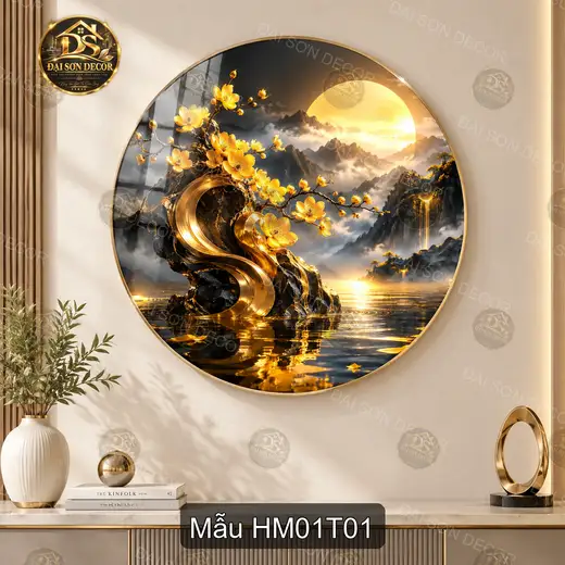 Tranh tròn tráng gương Hoa mai 001 phong cảnh núi non decor phòng khách sang trọng