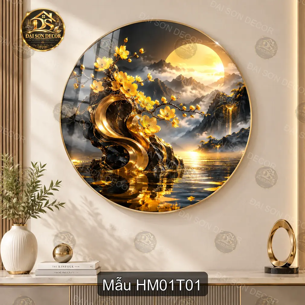 Tranh tròn tráng gương Hoa mai 001 phong cảnh núi non decor phòng khách sang trọng
