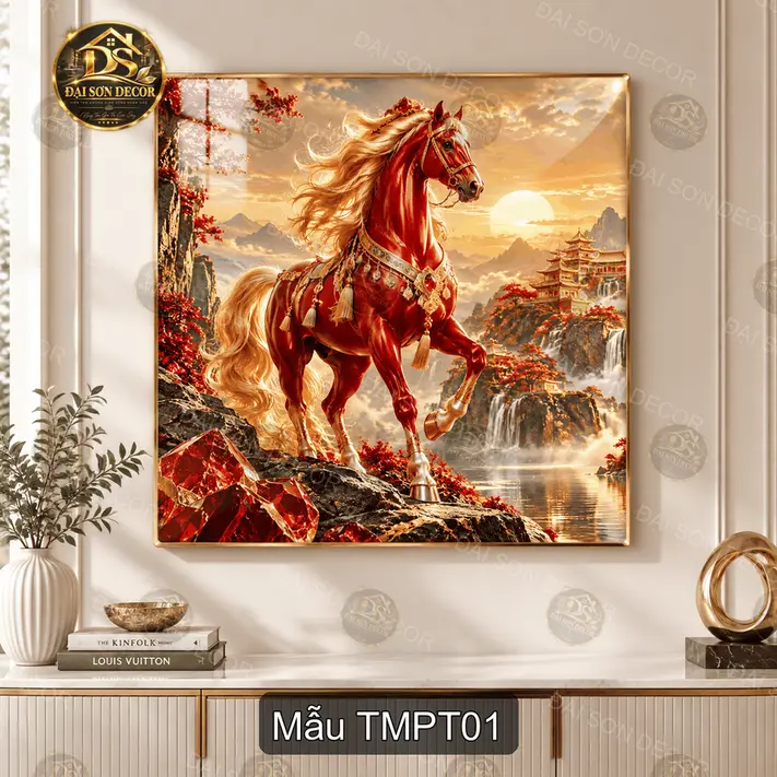 Tranh ngựa phong thủy Tuấn Mã tráng gương treo tường phòng khách trang trí sang trọng