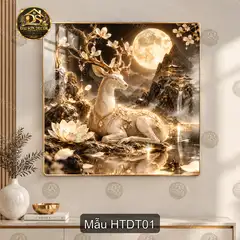 Tranh tráng gương Hươu thần dưới trăng decor phòng khách quà tặng phong cách sang trọng