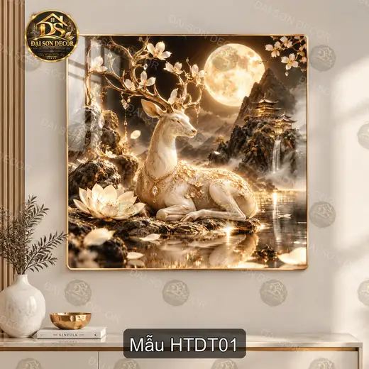 Tranh tráng gương Hươu thần dưới trăng decor phòng khách quà tặng phong cách sang trọng