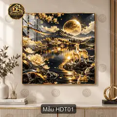 Tranh tráng gương Hươu dưới trăng trang trí treo tường phong cảnh nghệ thuật màu vàng sang trọng