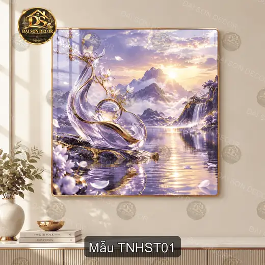Tranh tráng gương Thiên nga hồ sơn thủy vuông treo tường trang trí phòng khách