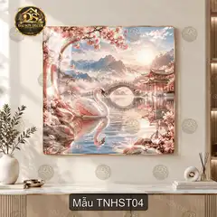 Tranh tráng gương Thiên nga hồ sơn thủy vuông treo tường trang trí phòng khách