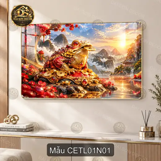 Tranh tráng gương ngang cóc ngậm tiền Chủ đề tài lộc 001 decor phòng khách