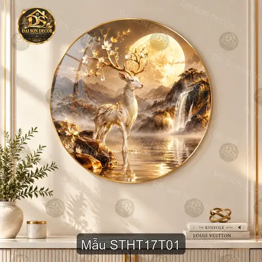 Tranh tròn tráng gương Sơn thủy hữu tình 017 nai trắng bên thác nước decor phòng khách
