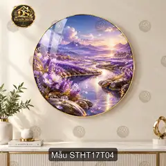 Tranh tròn tráng gương Sơn thủy hữu tình 017 nai trắng bên thác nước decor phòng khách