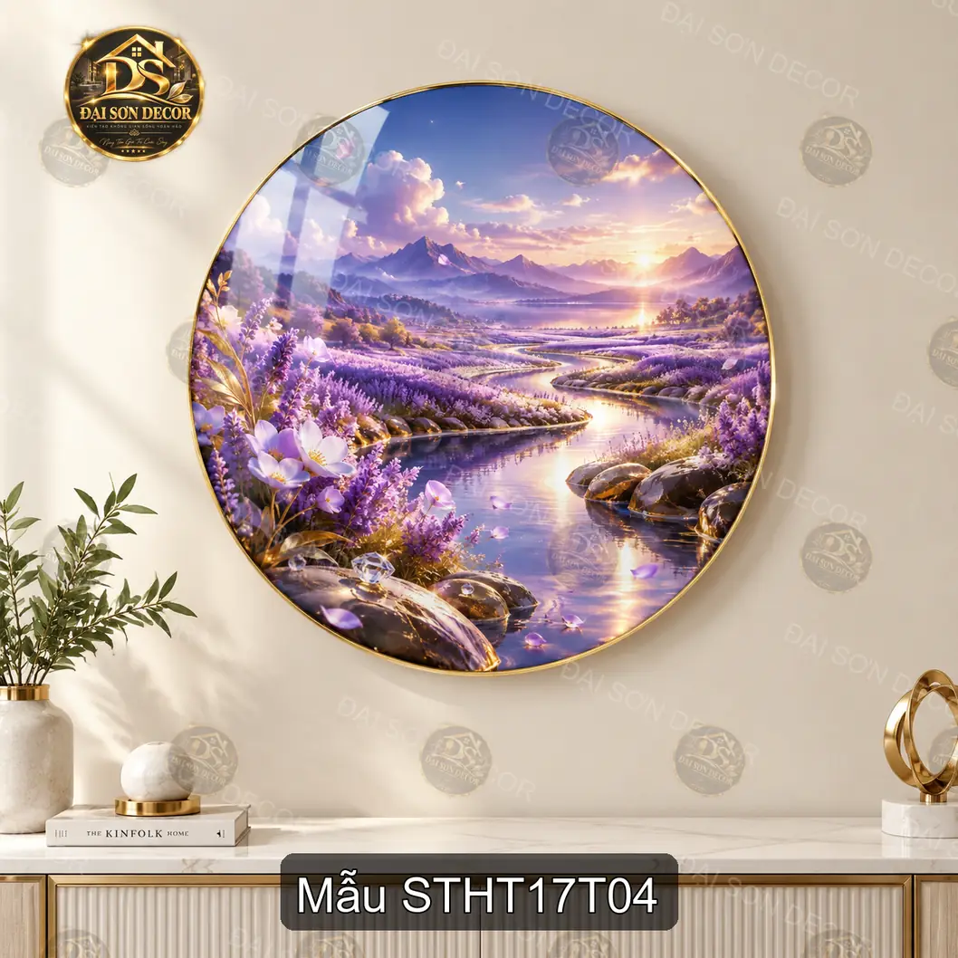 Tranh tròn tráng gương Sơn thủy hữu tình 017 nai trắng bên thác nước decor phòng khách