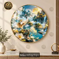 Tranh tròn hạc tiên phong cảnh sơn thủy decor phòng khách phòng làm việc