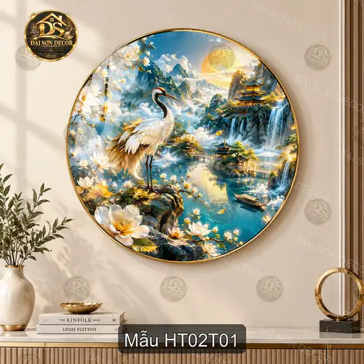 Tranh tròn hạc tiên phong cảnh sơn thủy decor phòng khách phòng làm việc