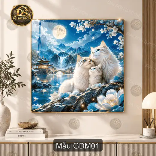 Tranh tráng gương Gia đình mèo phong cảnh sơn thủy decor phòng khách