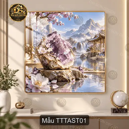 Tranh tráng gương vuông tinh thể thạch anh sơn thủy decor phòng khách sang trọng
