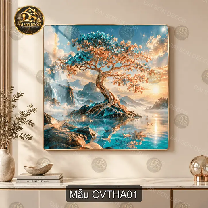 Tranh tráng gương Cây Vũ Trụ Huyền Ảo vuông decor phòng khách quà tặng