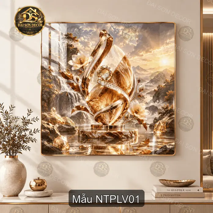 Tranh tráng gương nghệ thuật pha lê vàng thiên nga phong cảnh treo tường trang trí phòng khách