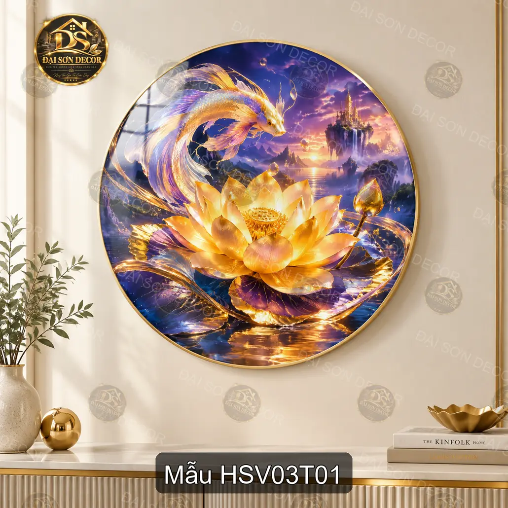 Tranh tròn tráng gương Hoa sen vàng 003 cá chép nghệ thuật decor phòng khách sang trọng