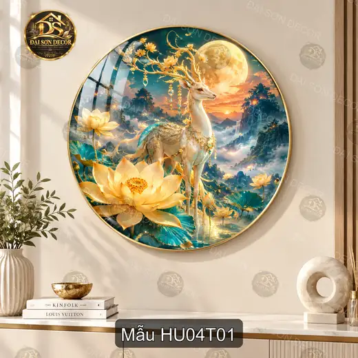 Tranh tròn tráng gương Hươu 004 hoa sen ánh trăng nghệ thuật decor phòng khách sang trọng