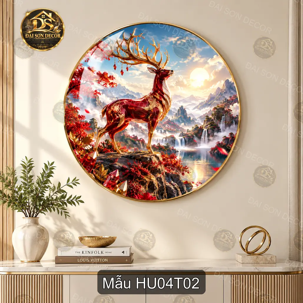 Tranh tròn tráng gương Hươu 004 hoa sen ánh trăng nghệ thuật decor phòng khách sang trọng