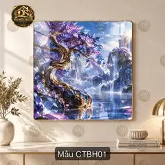 Tranh tráng gương cây tím bên hồ decor phòng khách hiện đại CTBH01