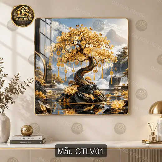 Tranh tráng gương cây tài lộc vàng phong thủy decor phòng khách