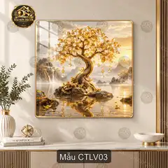 Tranh tráng gương cây tài lộc vàng phong thủy decor phòng khách