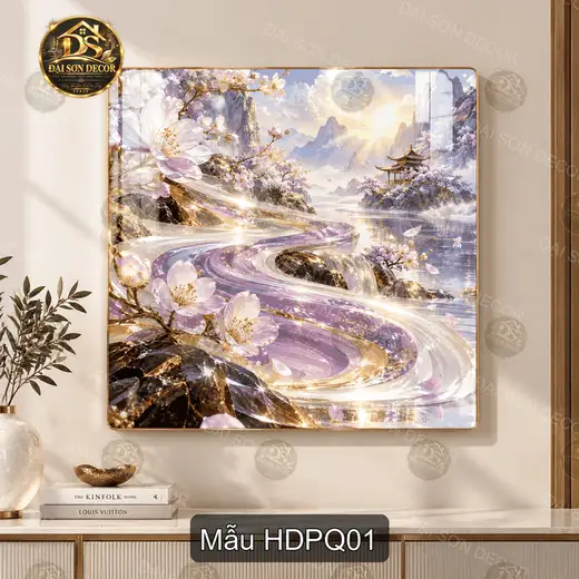 Tranh tráng gương Hoa đào phú quý phong cảnh sơn thủy decor phòng khách mẫu HDPQ01