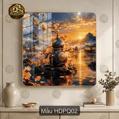 Tranh tráng gương Hoa đào phú quý phong cảnh sơn thủy decor phòng khách mẫu HDPQ01