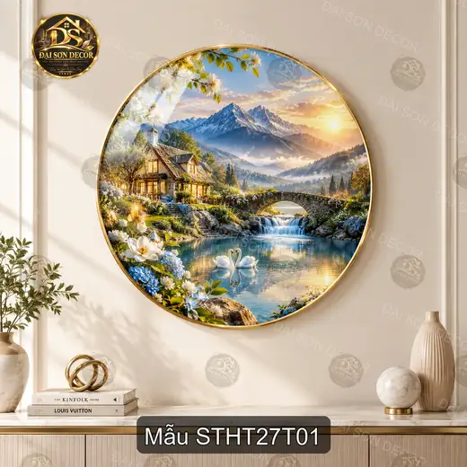 Tranh tròn tráng gương Sơn thủy hữu tình 027 núi hồ thác nước hoa sen decor sang trọng