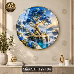 Tranh tròn tráng gương Sơn thủy hữu tình 027 núi hồ thác nước hoa sen decor sang trọng