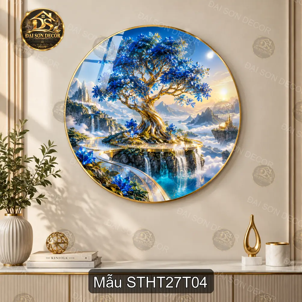 Tranh tròn tráng gương Sơn thủy hữu tình 027 núi hồ thác nước hoa sen decor sang trọng