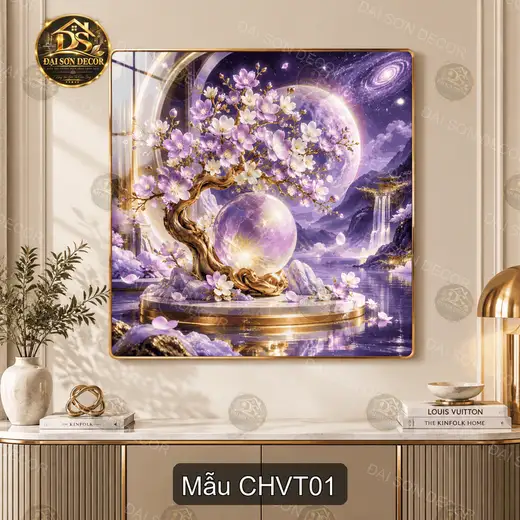 Tranh tráng gương vuông cây hoa vũ trụ trang trí phòng khách hiện đại mẫu CHVT01