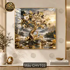 Tranh tráng gương vuông cây hoa vũ trụ trang trí phòng khách hiện đại mẫu CHVT01