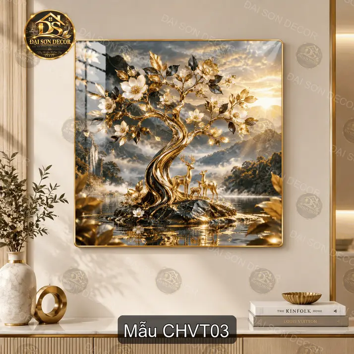 Tranh tráng gương vuông cây hoa vũ trụ trang trí phòng khách hiện đại mẫu CHVT01